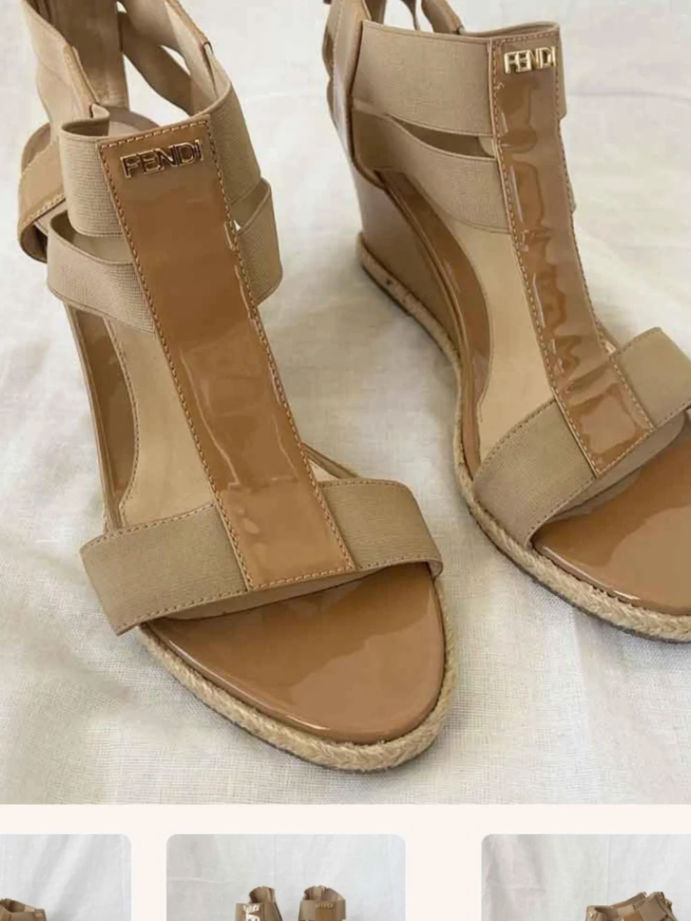 Fendi Beige Patent & Elastic Wedge Sandals Made in Italy 🇮🇹 Size 37.5